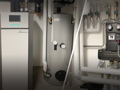 Technikraum mit moderner bösch-Heizungsanlage, Pufferspeicher und Verteilerstation für effiziente Wärmeregulierung
